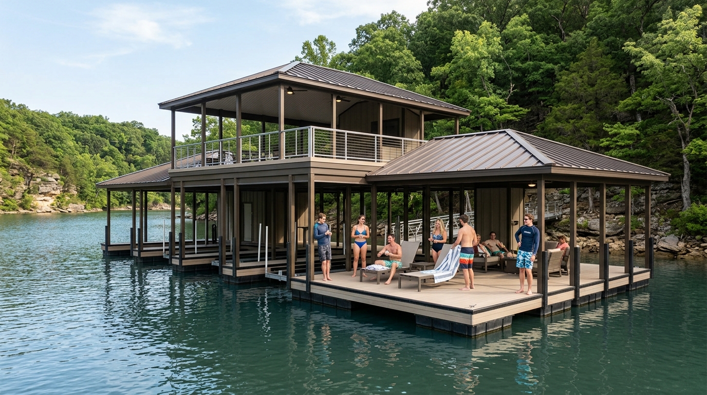 A large covered multi-slip boat dock on Lake of the Ozarks